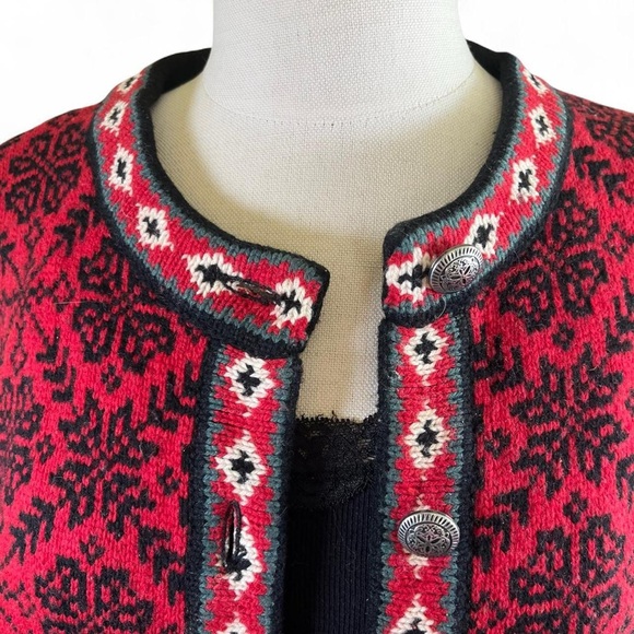 L.L. Bean Red and Black Patterned Merino Wool Cardigan - Picture 3 of 7